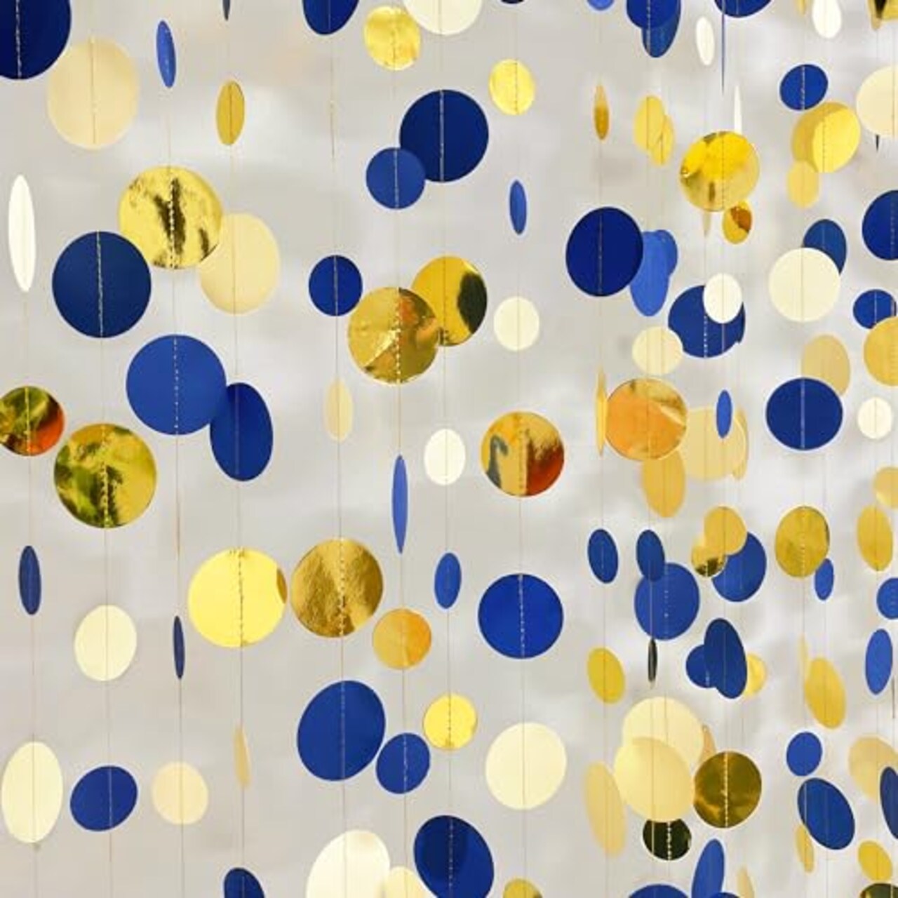 4 Set of Royal blue gold - 46 Ft Navy Blue and Gold Circle Dots Garland Royal Blue Hanging Paper Polka Dot Streamer for Birthday Wedding Bridal Baby Shower Graduations Nautical Ahoy Achor Pirate Theme Party Decorations Supplies